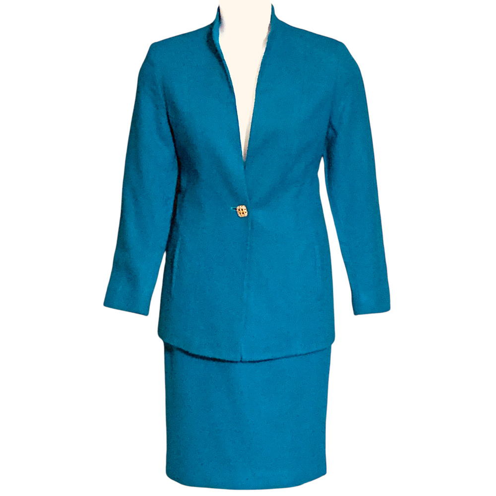 Vintage 80s Augustus Wool Skirt Suit Size 12 Teal Blue One Button Blazer Career